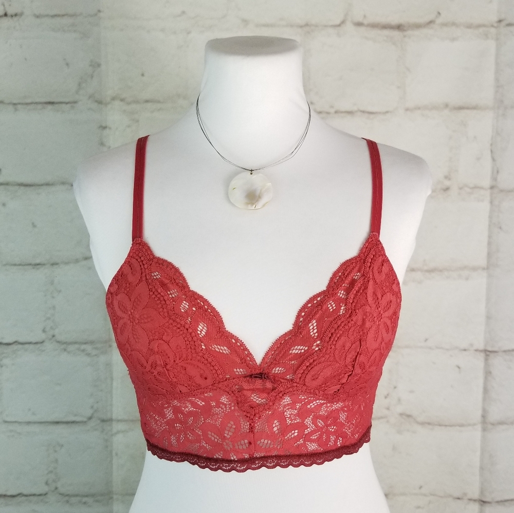 Aerie S Brick Red Stretchy Lace Bralette Pullover Lined Triangle Bust